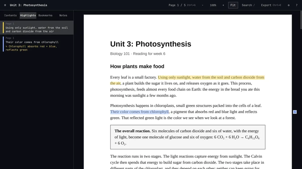 Dogear open to a biology reading, with two highlighted passages and their notes in the sidebar
