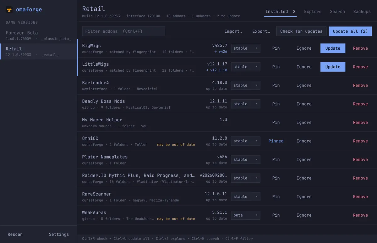 omaforge listing installed Retail addons, two with updates waiting