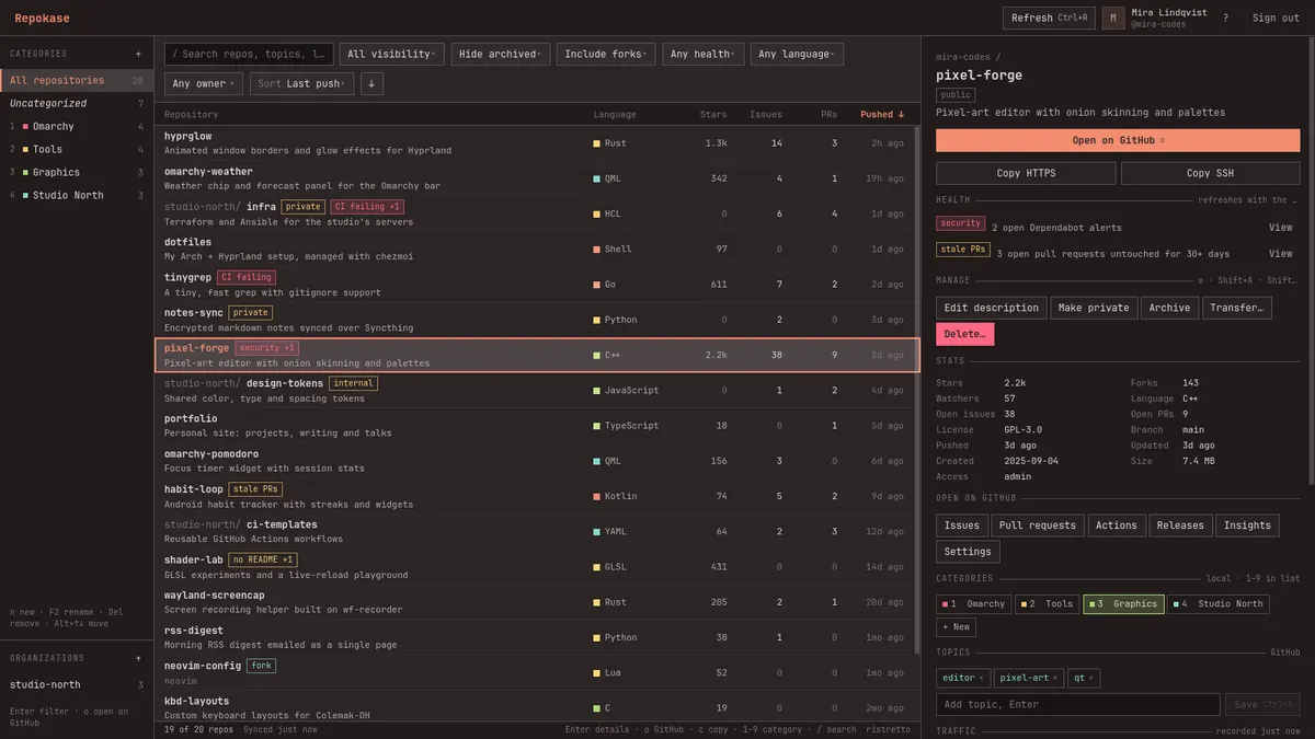 Repokase listing repositories with health badges beside a details pane